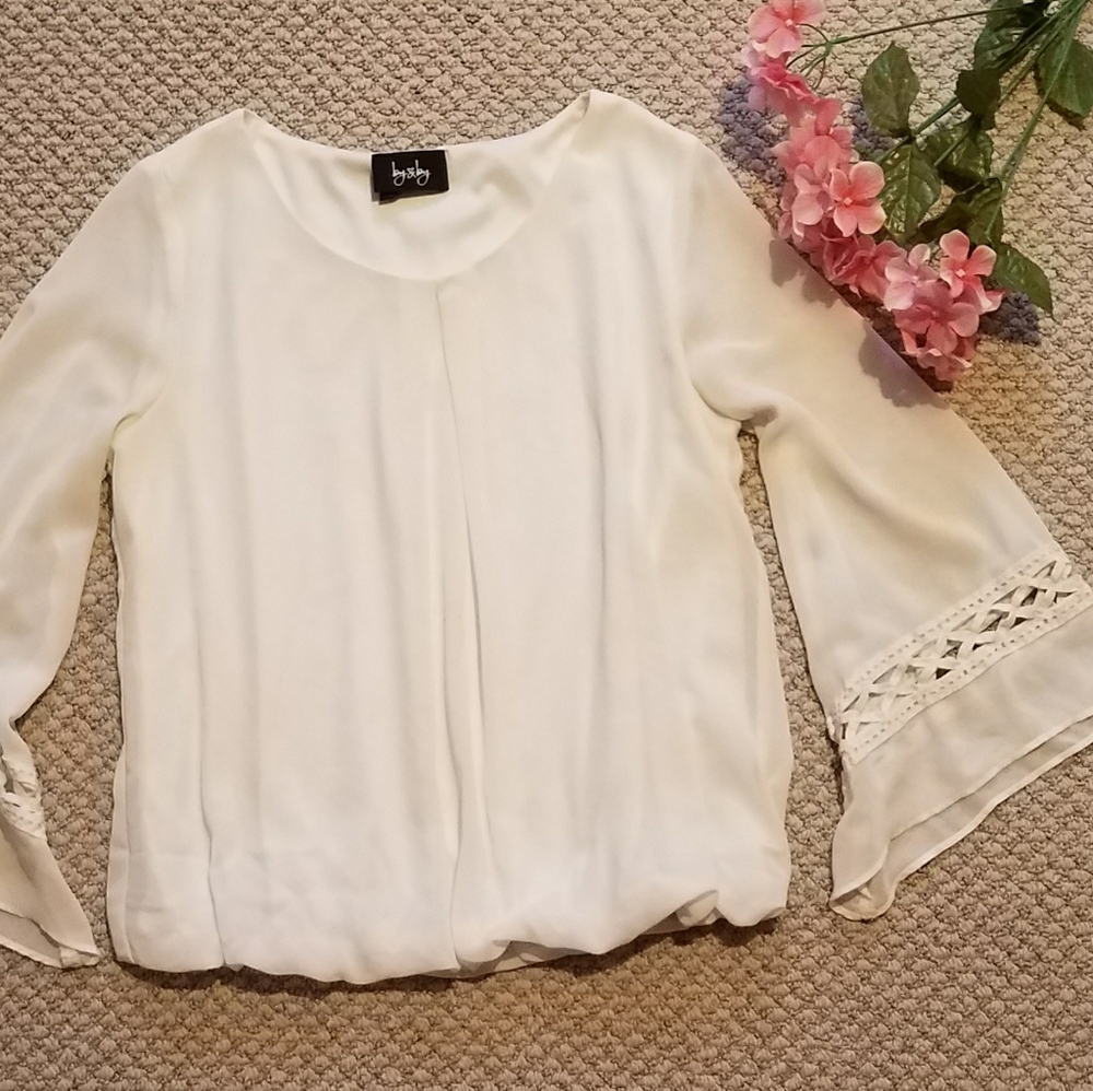 Ivory Bell-Sleeve Blouse with Crochet Trim